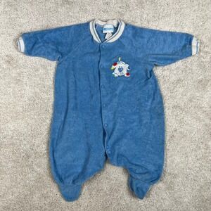 Vintage Carters Blue Fleece Footed Sleeper Puppy Dog Patch Romper Medium 12-17lb